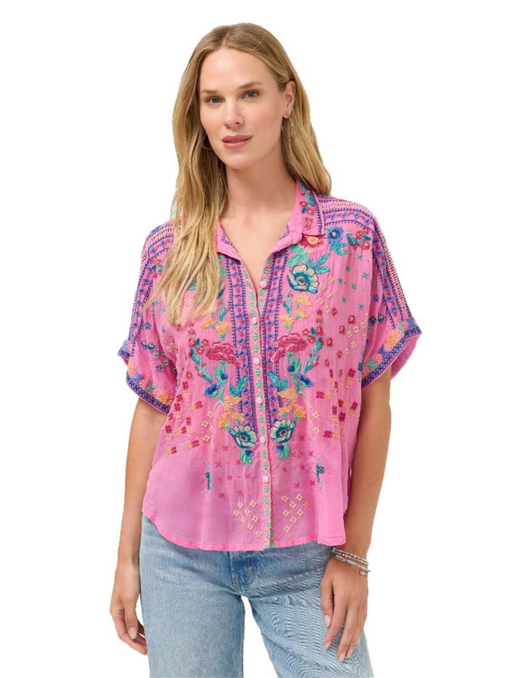 Johnny Was Audrey Short Lunes Pink Cosmos Shirt Embroidery Floral Top Large NEW